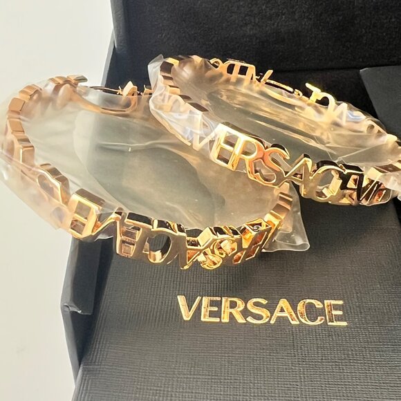 Versace Logo Hoop Earrings Gold Tone - Picture 2 of 10